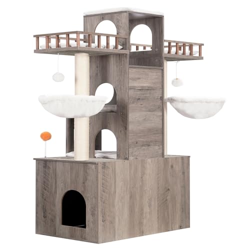 Rustic Gray Cat Tree with Litter Box Enclosure Y32767