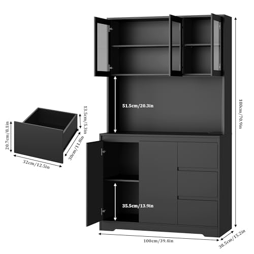 Black 71" Kitchen Pantry Cabinet with LED Lights and Charging Station Z286