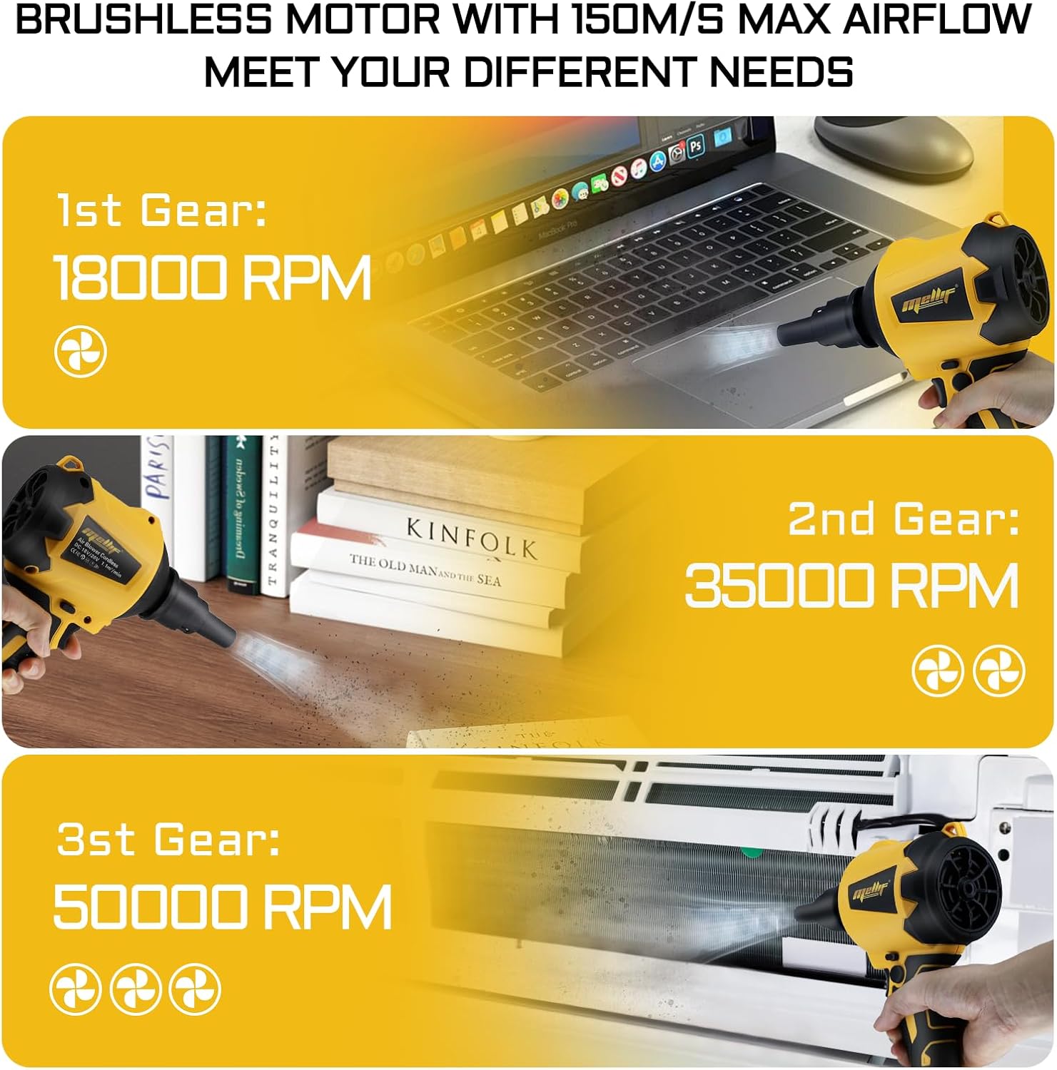 Cordless Air Pump Air Duster for Dewalt 20V Battery, Handheld Brushless Compressed Air Mattress Pump Air Blower with 3 Speeds & 7 Nozzles L25618
