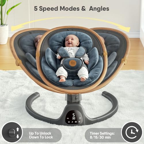 White Portable Baby Swing with Bluetooth Speaker, 3 Seat Positions, 5 Speeds and Remote Control U75612