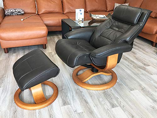 Large Ergonomic Recliner Chair with Ottoman in Stone Leather with Teak Wood Base X955