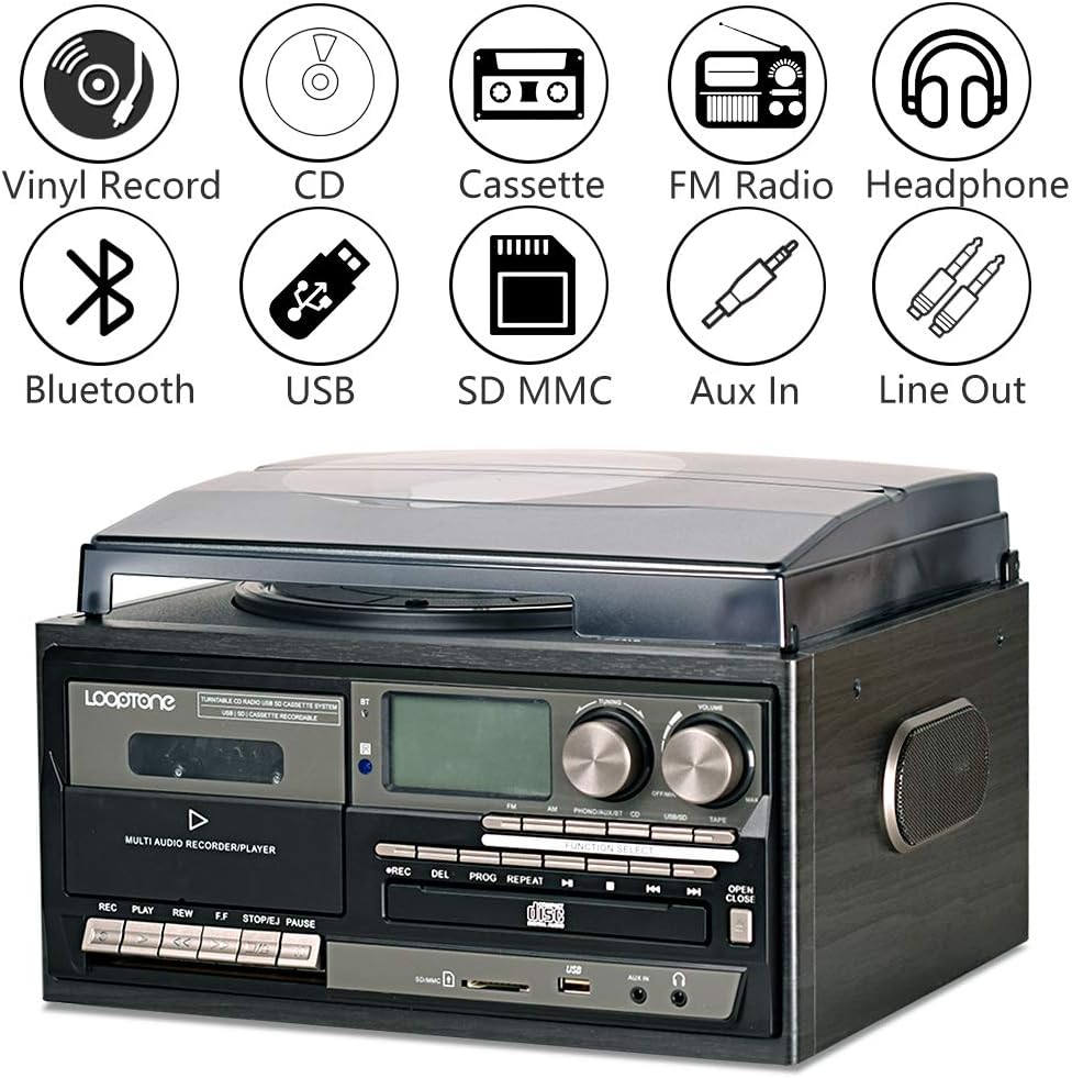Vinyl Record Player 9 in 1 3 Speed Bluetooth Turntable CD Cassette Player AM/FM Radio USB Recorder Aux-in RCA Line-Out Black A864592