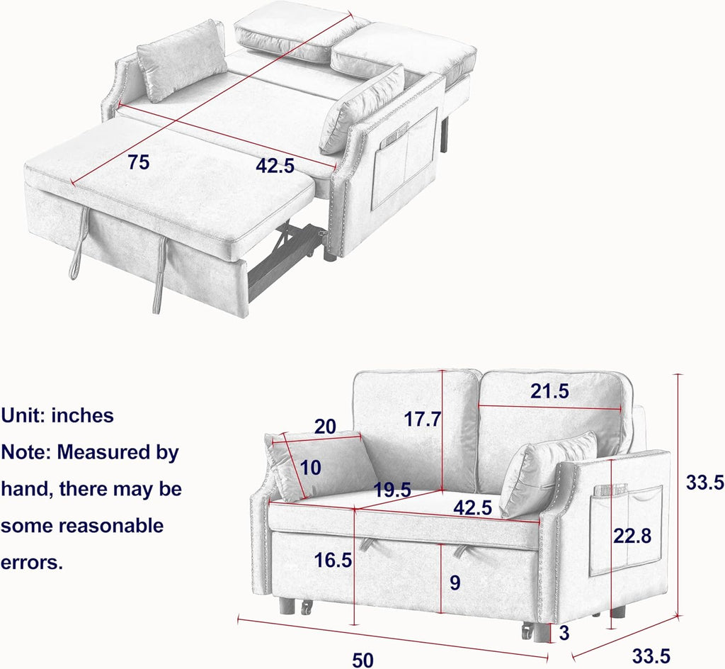 Grey Velvet Upholstered Recliner Bed with Pull-Out Sleeper Sofa Folding Loveseat N535