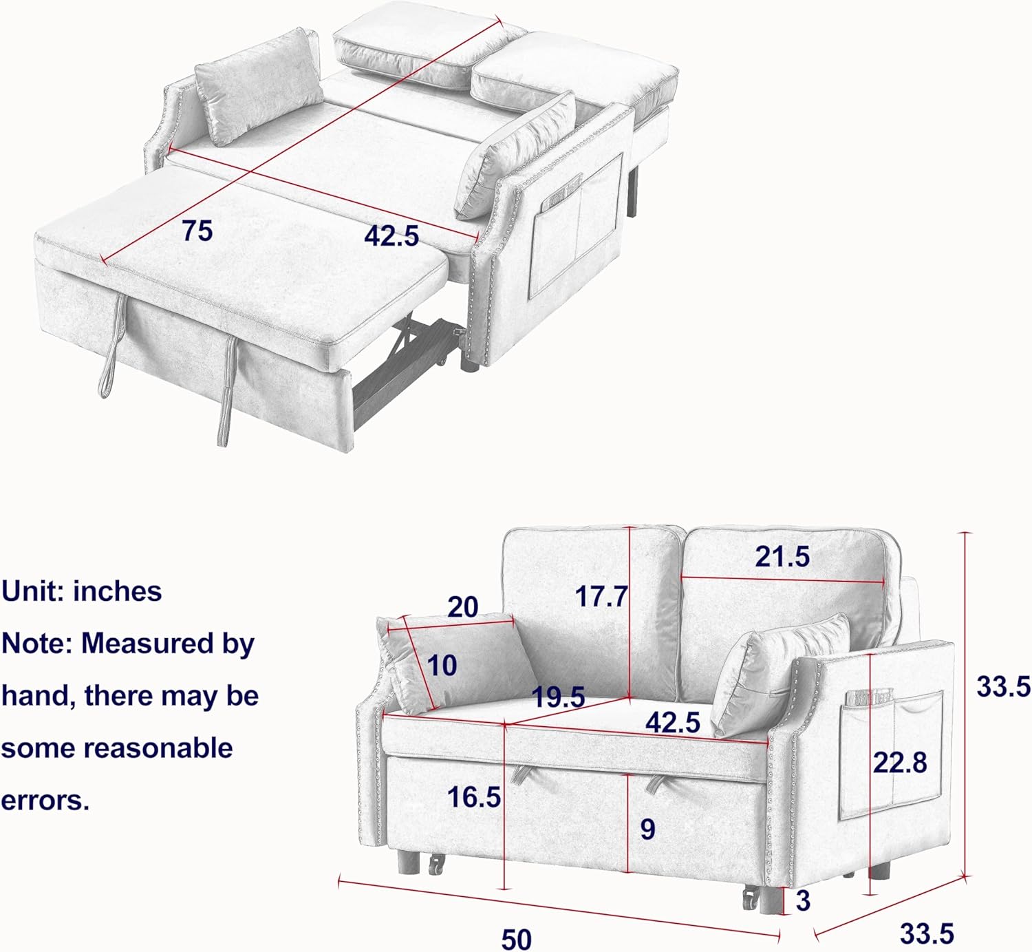 Grey Velvet Upholstered Recliner Bed with Pull-Out Sleeper Sofa Folding Loveseat N535