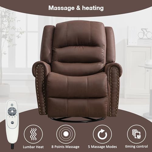 Brown Leather Swivel Rocker Recliner with Massage & Heating O920