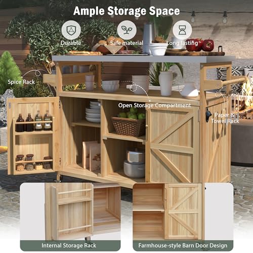 White Farmhouse Kitchen Island with Power Outlet, Drop Leaf, Spice Rack, Drawer, Rolling Cart on Wheels O444