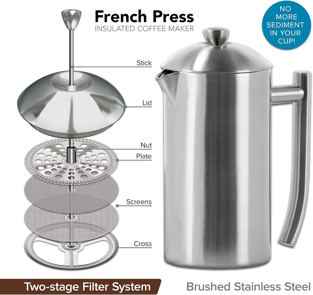 Double-Walled Stainless-Steel French Press Coffee Maker, Brushed, 17 Ounces I6106