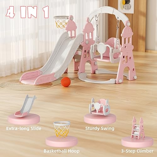 Pink Toddler Slide and Swing Set with Basketball Frame Q198