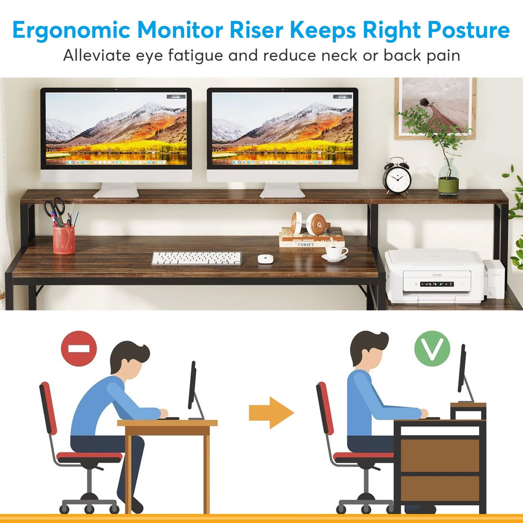 63" Ergonomic Computer Desk with Monitor Stand and Drawers, Rustic Brown Y6314