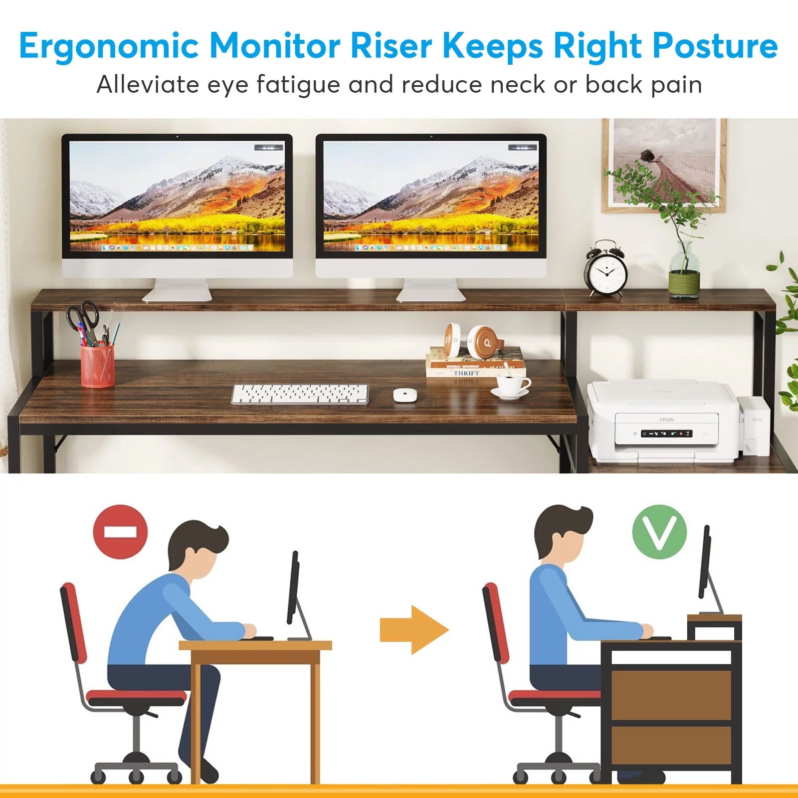 63" Ergonomic Computer Desk with Monitor Stand and Drawers, Rustic Brown Y6314