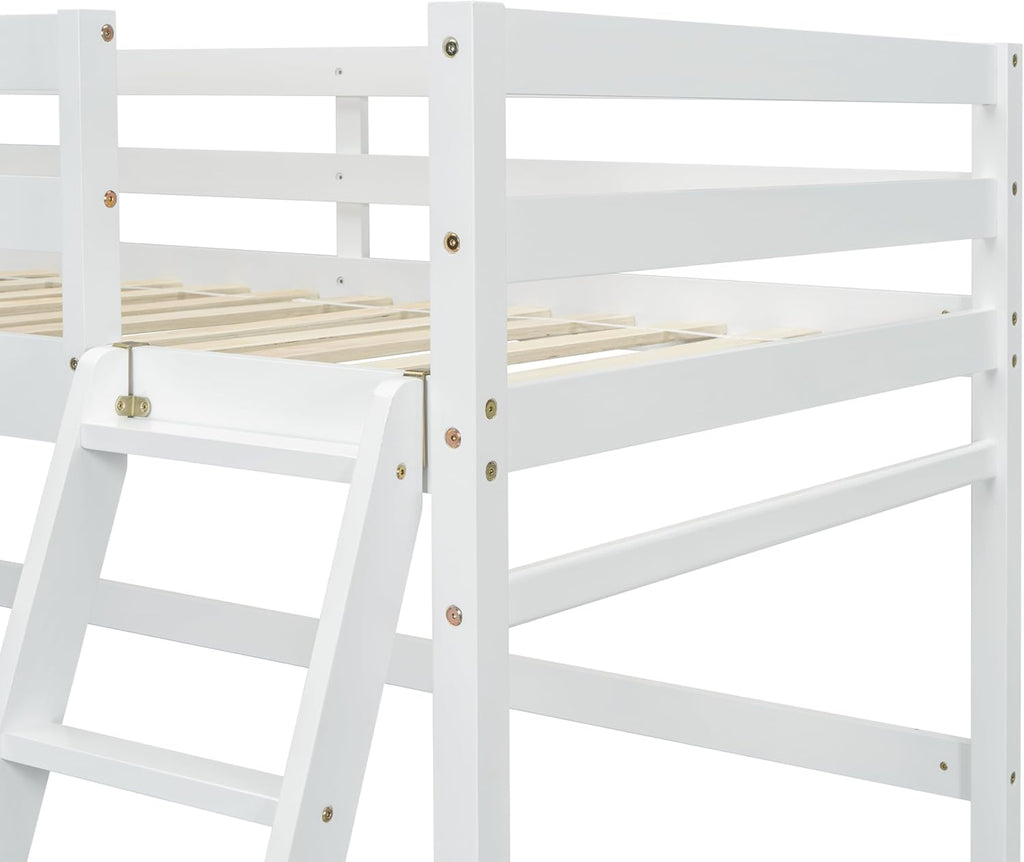 White Twin Size Wooden Loft Bed with Ladder and Guardrail U9906