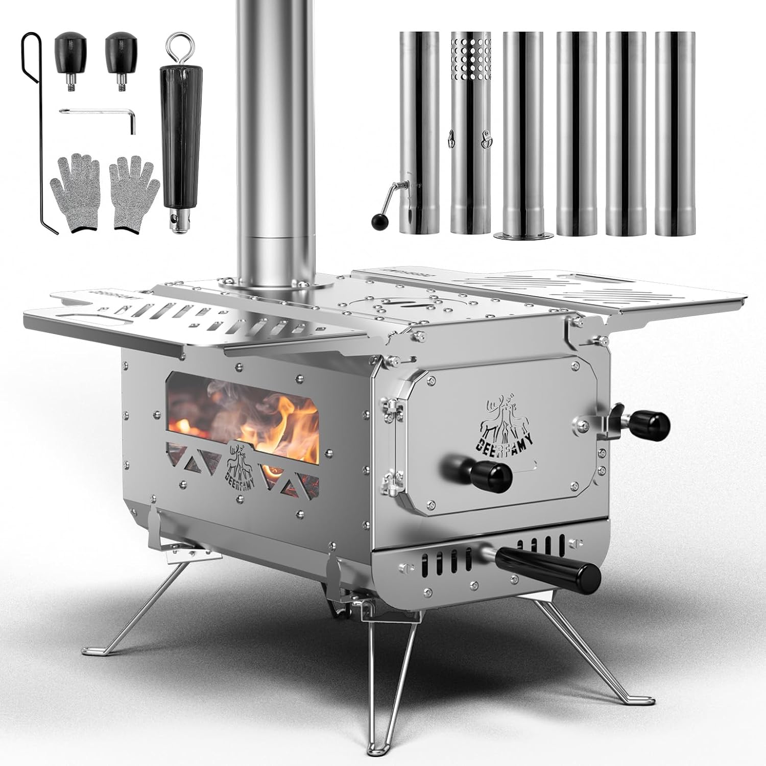 Portable Stainless Steel Tent Stove with 6 Chimney Pipes X1179