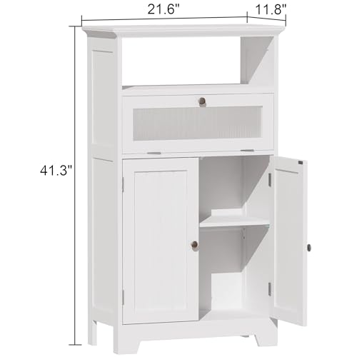 Navy Blue Bathroom Floor Storage Cabinet with Flip Glass Drawer P473302
