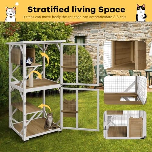 White Cat House Catio Outdoor Enclosure with Waterproof Roof on Wheels U68894