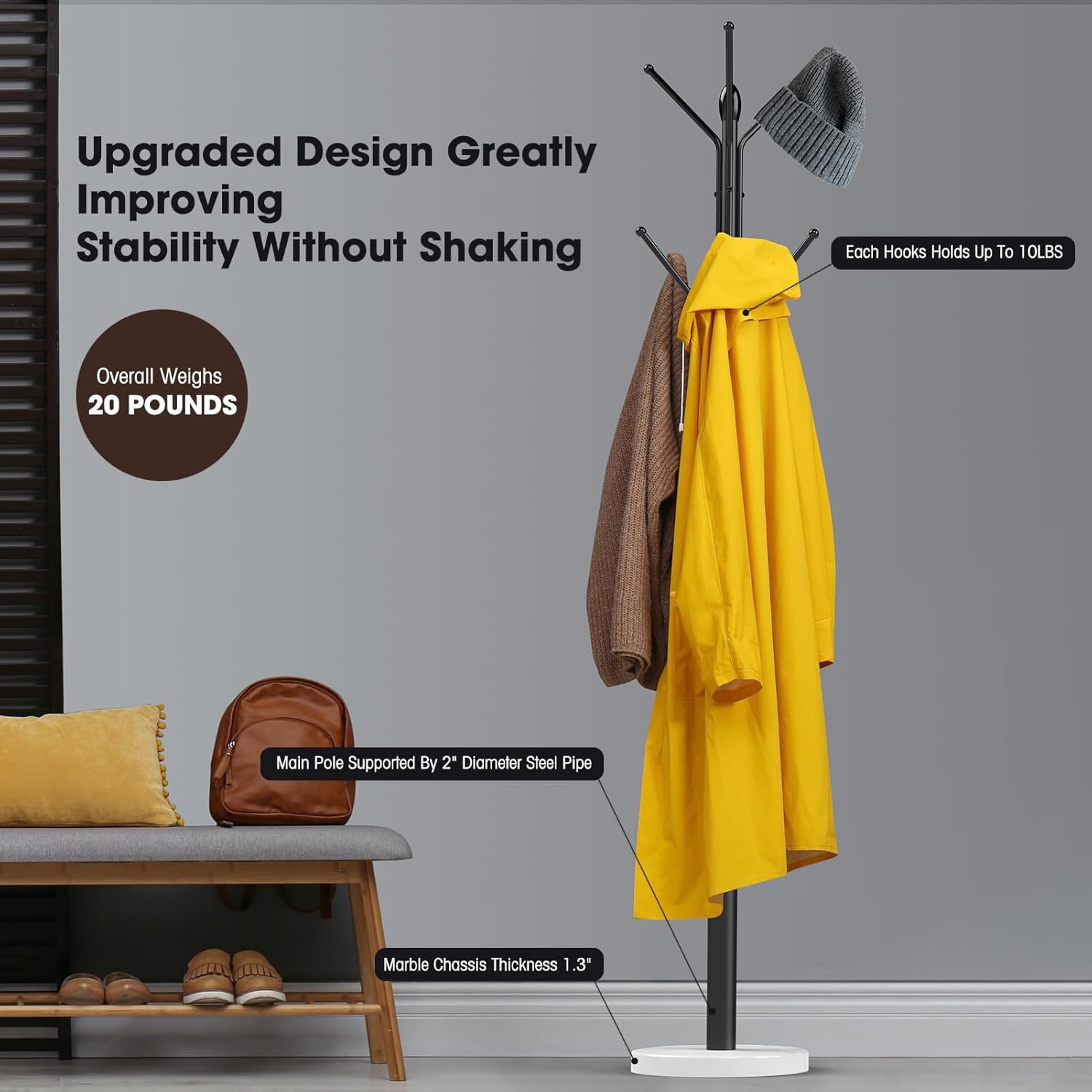 Metal Sturdy Coat Rack with 12 Storages and Natural Marble Base N7724