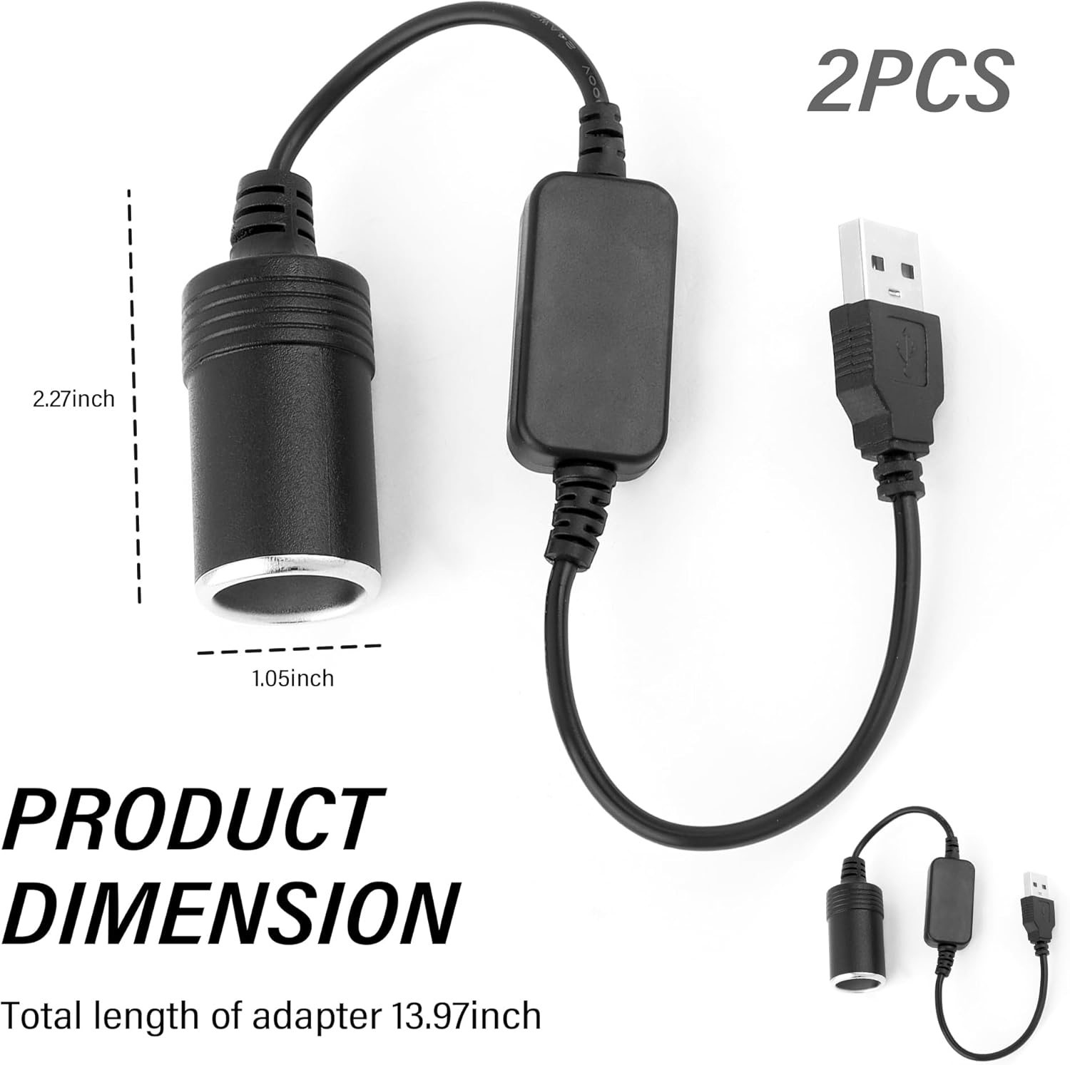 2PCS USB to Cigarette Lighter Adapter 12V F865