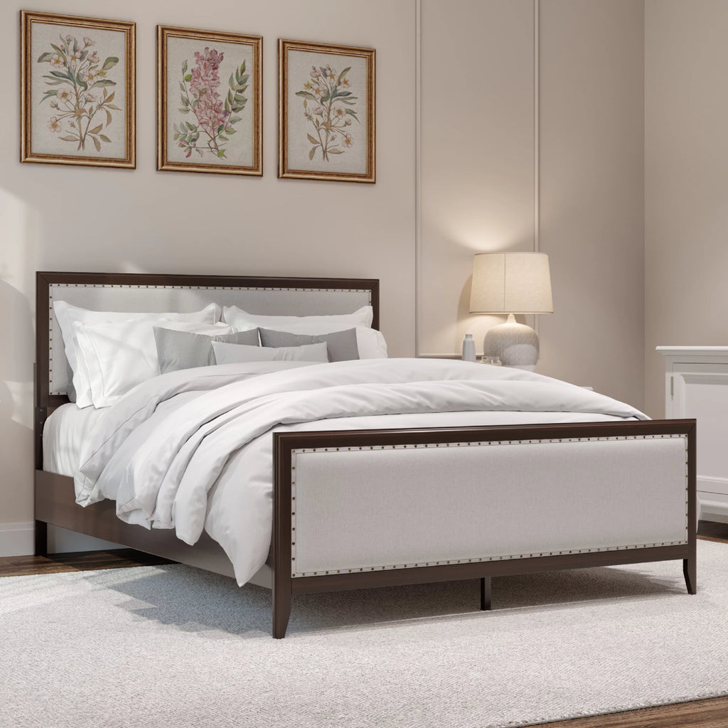 King Size Upholstered Wood Platform Bed Frame with Nailhead Trim L3807