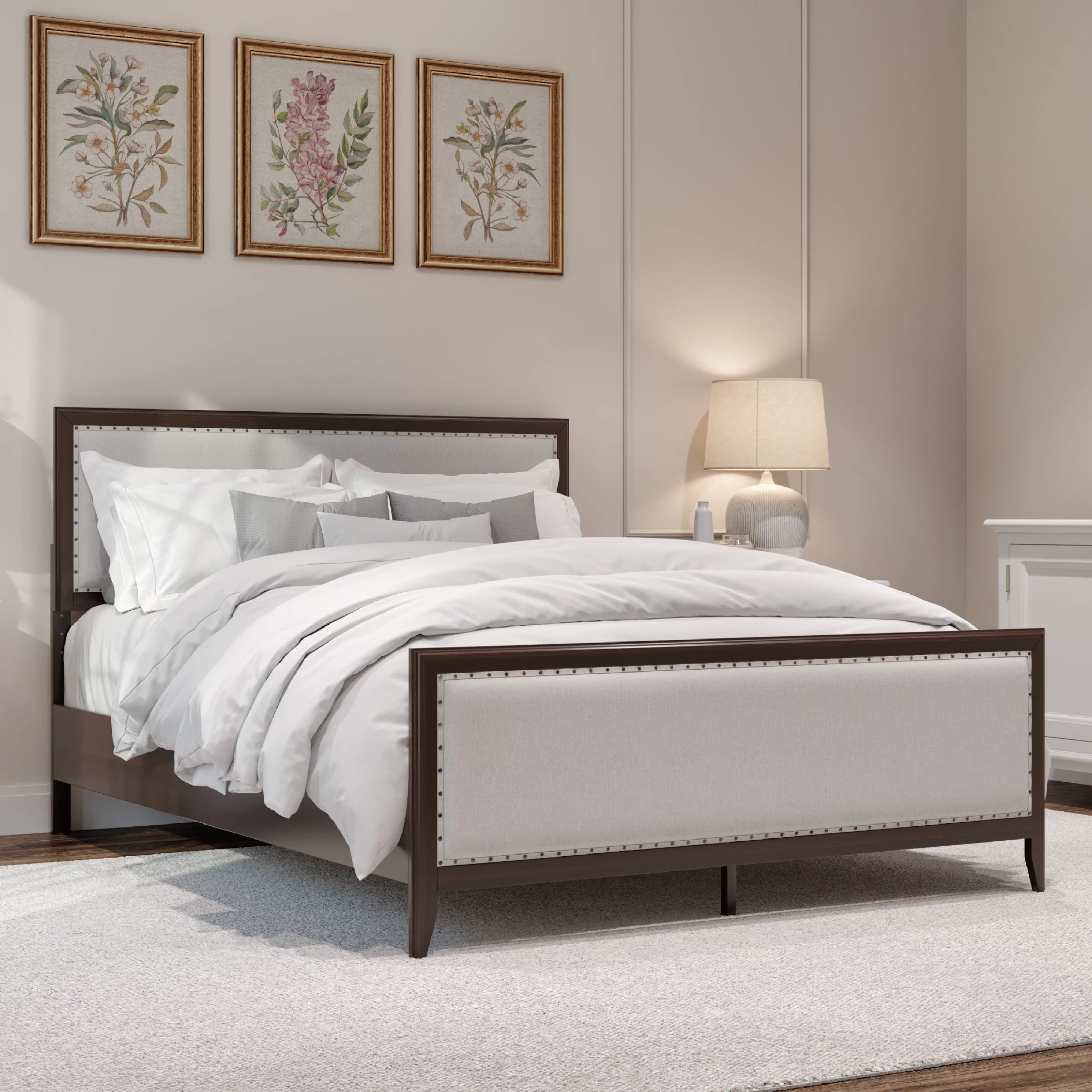 King Size Upholstered Wood Platform Bed Frame with Nailhead Trim L3807