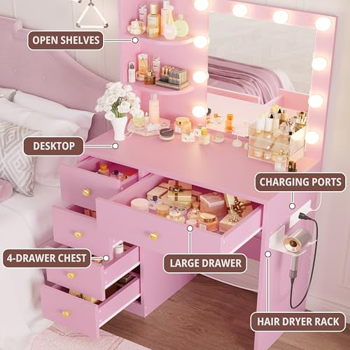 White Vanity Desk with Mirror and Lights, 5 Drawers, and Stool K800961