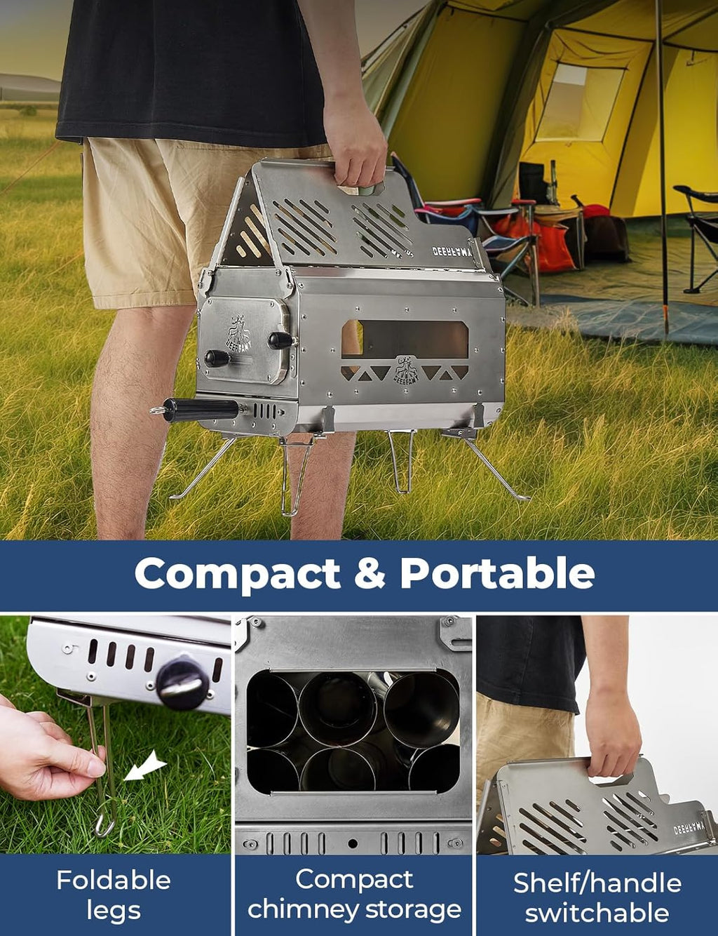 Portable Stainless Steel Tent Stove with 6 Chimney Pipes X1179
