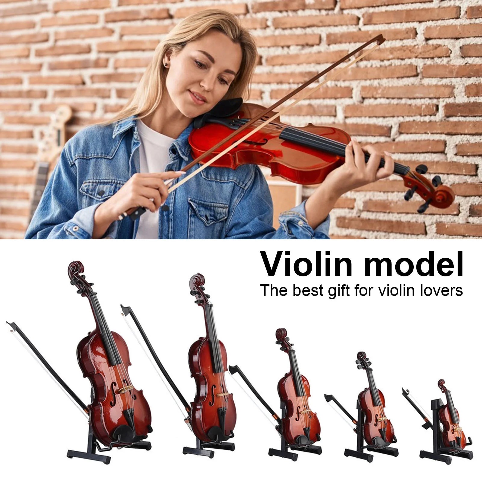 Wooden Mini Violin Model with Stand Playable Tiny Violin Figurine Miniature Musical Instrument Ornament C1709