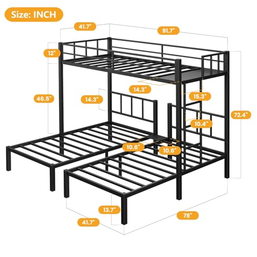 Black Metal Triple Bunk Bed with Guardrails and Ladder K884