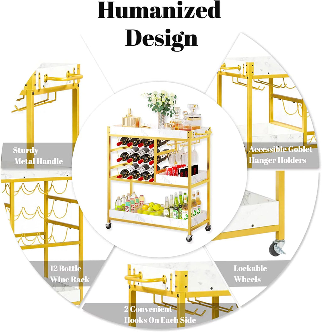Gold Bar Cart with 12 Bottle Wine Rack T930712