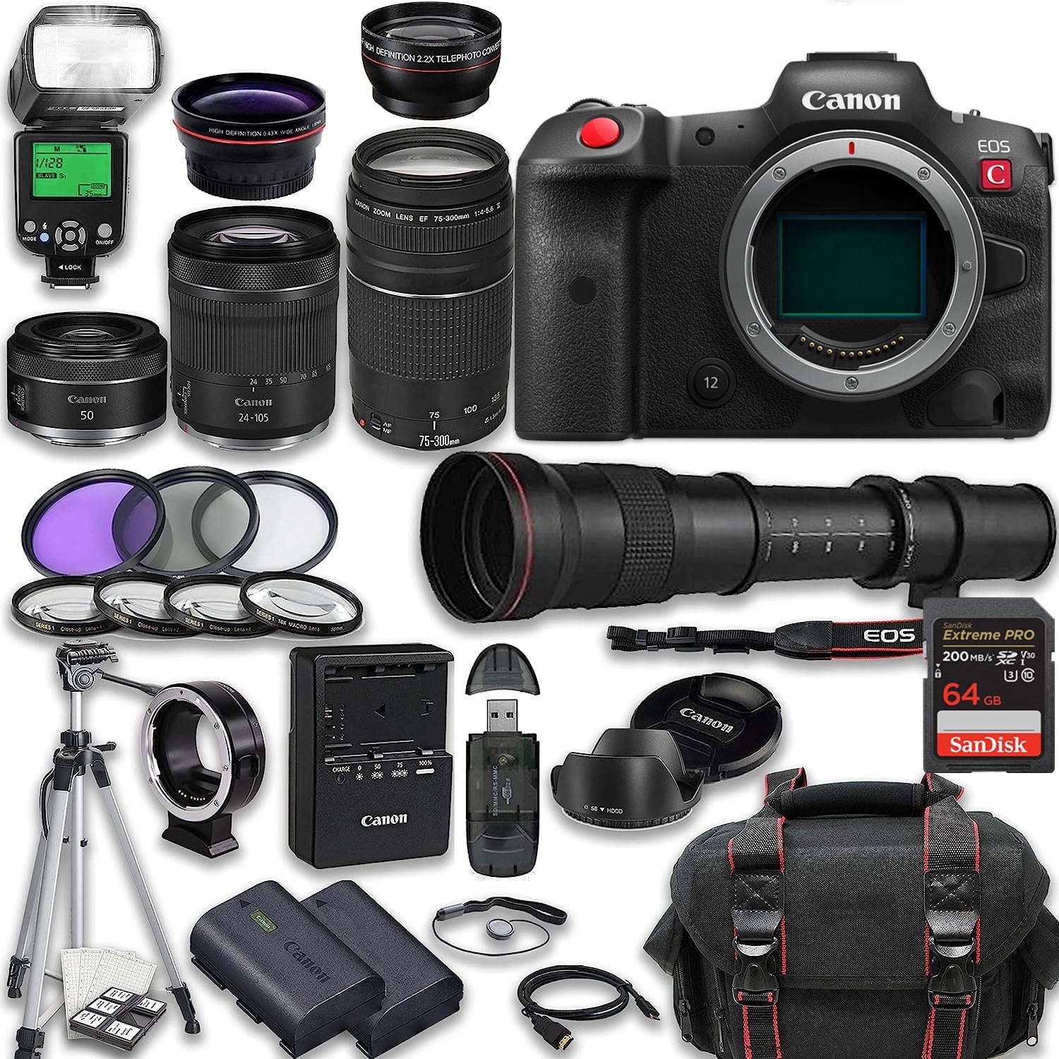 Mirrorless Cinema Camera with RF 24-105mm STM, RF 50mm f/1.8 STM, EF 75-300mm f/4-5.6 III, 420-800mm Lens, 128GB Memory, TTL Flash, Battery, Tripod X79652