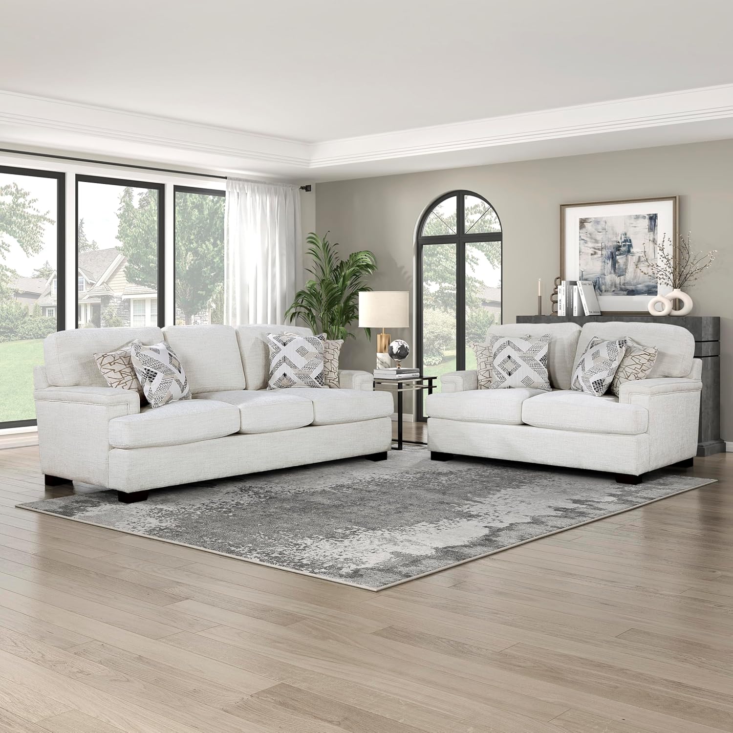 Cream Chenille Upholstered Couch and Loveseat Sets with 4 Accent Pillows Z7631