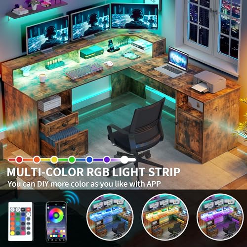 Grey L Shaped Desk with Power Outlets, LED Lights, Drawers, Lift Top, Monitor Stand, File Cabinet E146