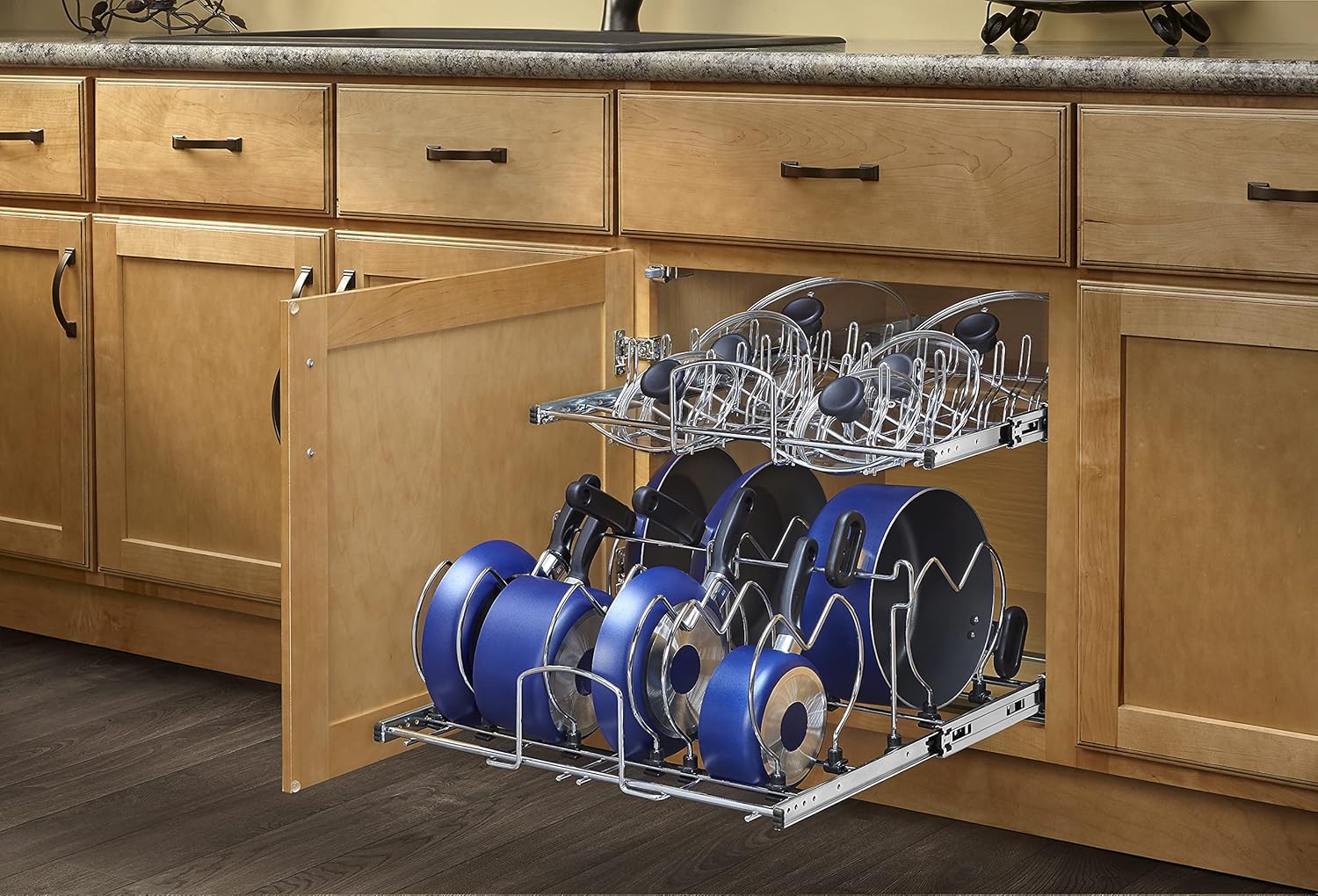 Two-Tier Steel Wire Pullout Cookware Cabinet Organizer E73431