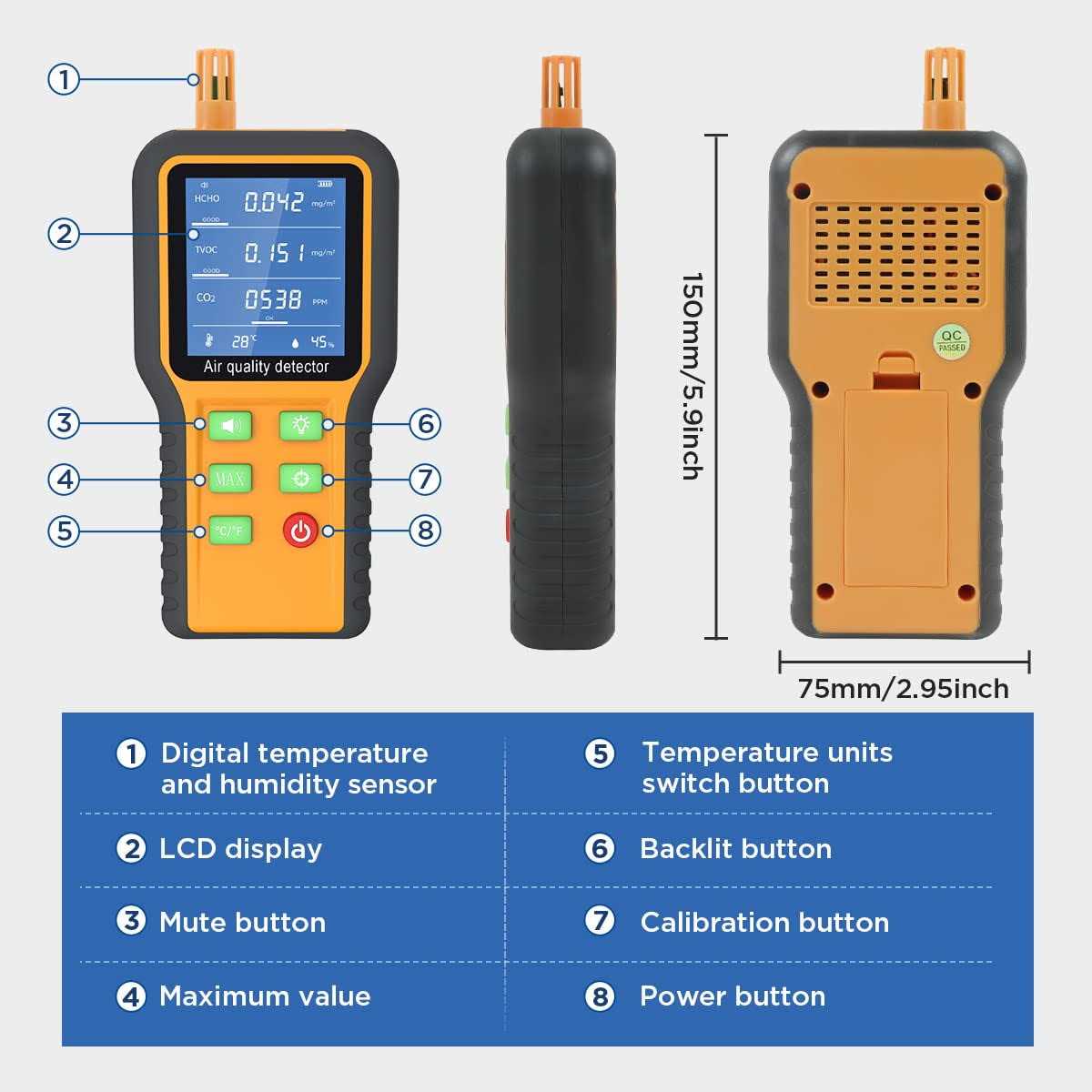 Air Quality Monitor CO2 Meter Carbon Dioxide Formaldehyde Detector K9402