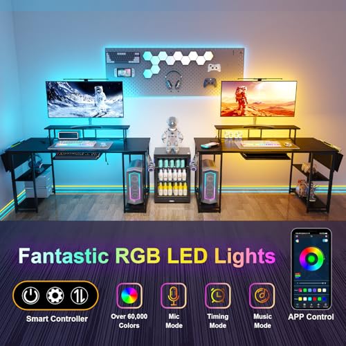 Brown Gaming Desk with LED Lights and Power Outlets Y665