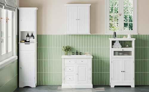 Navy Blue Bathroom Floor Storage Cabinet with Flip Glass Drawer P473302