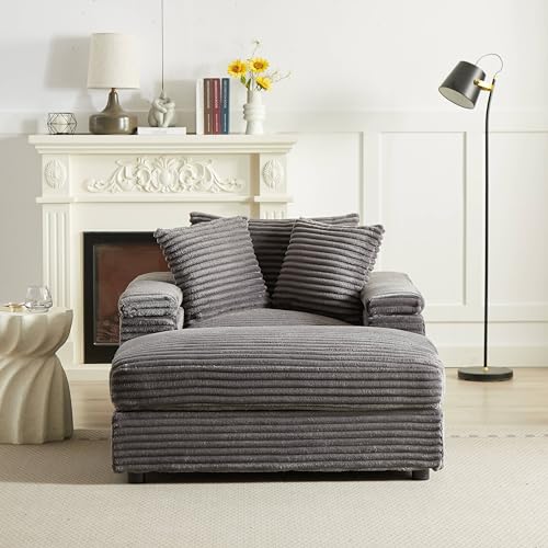 Grey Corduroy Oversize 3 Seater Sofa with 2 Ottomans B834