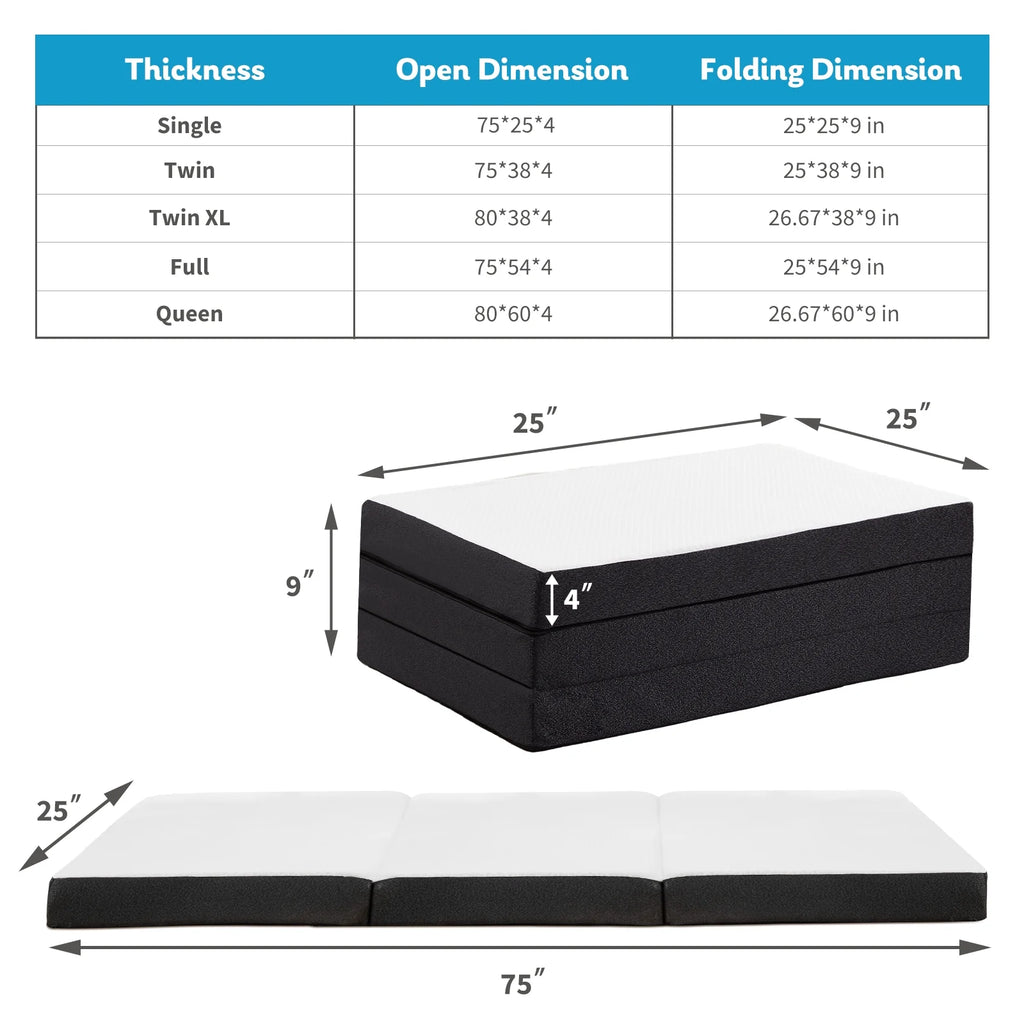 4 Inch Tri Folding Memory Foam Mattress with Breathable Cover O6508