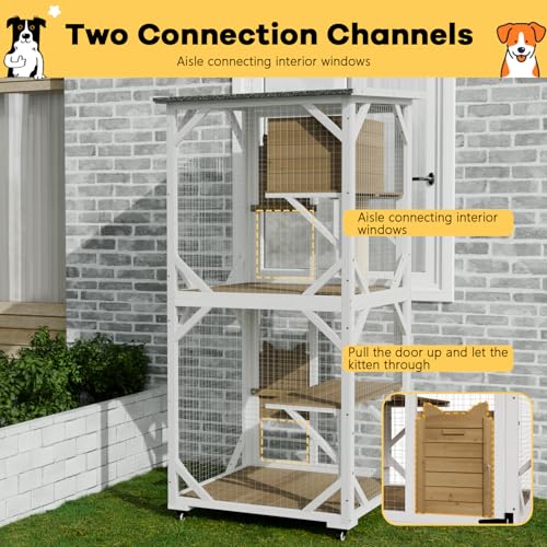 White Cat House Catio Outdoor Enclosure with Waterproof Roof on Wheels U68894