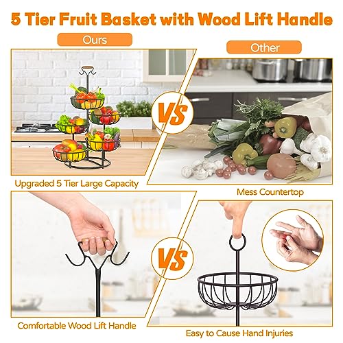 Black Metal Wire 5 Tier Fruit Basket with Banana Hanger D728799