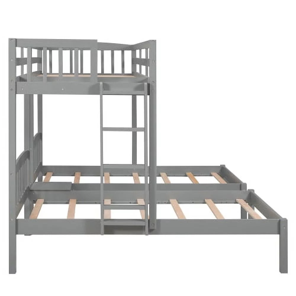 Triple Twin Solid Wood Bunk Beds with Guardrail and Ladder and Built-in Middle Drawer Q532097