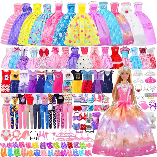 342 Pcs Doll Clothes and Accessories with Doll, Princess Gowns, Fashion Dresses, Top, Pants, Swimsuits, Shoes, Hangers and Other Accessories, Doll Playset Dress up Toy B7791