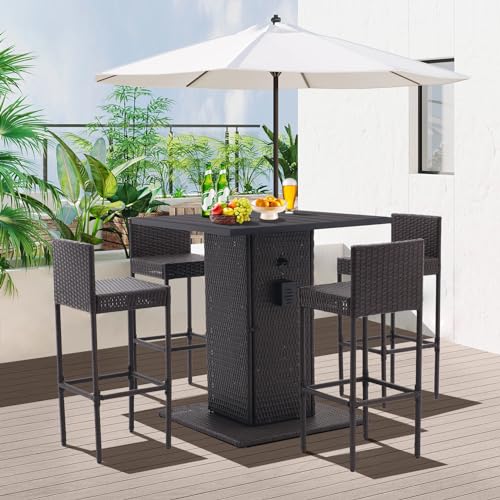 5-Piece Outdoor Wicker Bar Set with 4 Stools (Grey) Y697