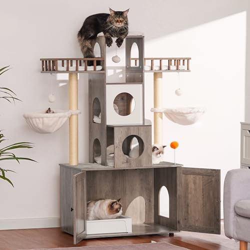 Rustic Gray Cat Tree with Litter Box Enclosure Y32767