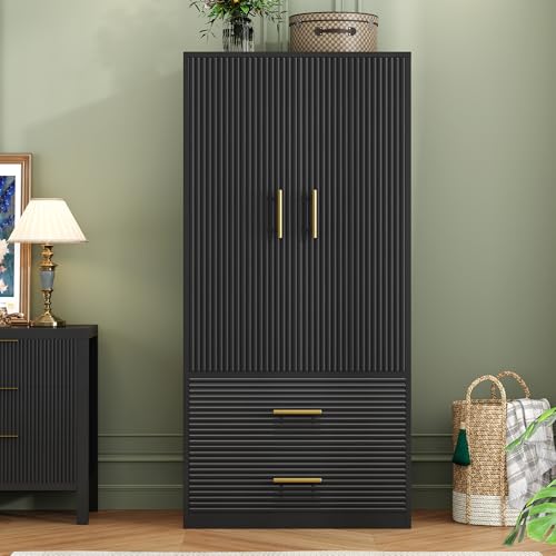 White Freestanding Wooden Armoire with 2 Drawers and Hanging Rod B94229