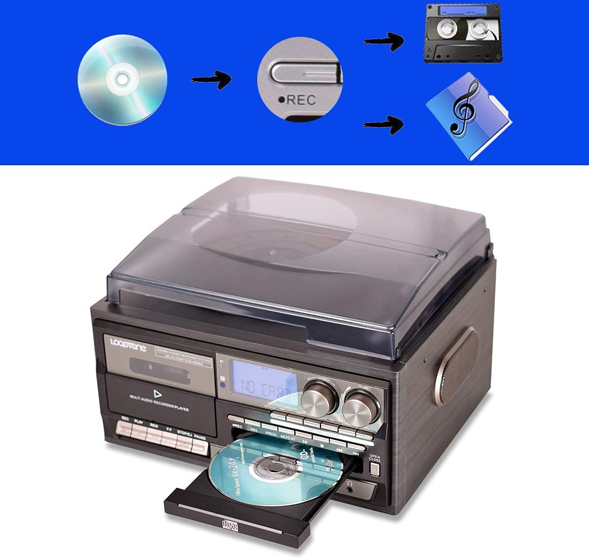Vinyl Record Player 9 in 1 3 Speed Bluetooth Turntable CD Cassette Player AM/FM Radio USB Recorder Aux-in RCA Line-Out Black A864592