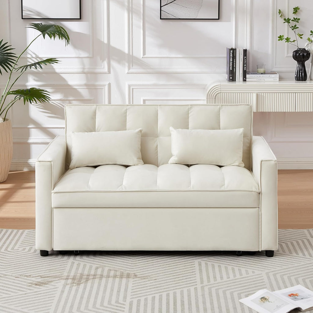 Ivory Velvet 2 Seater Convertible Loveseat Sleeper Sofa with Pull-Out Bed C4009