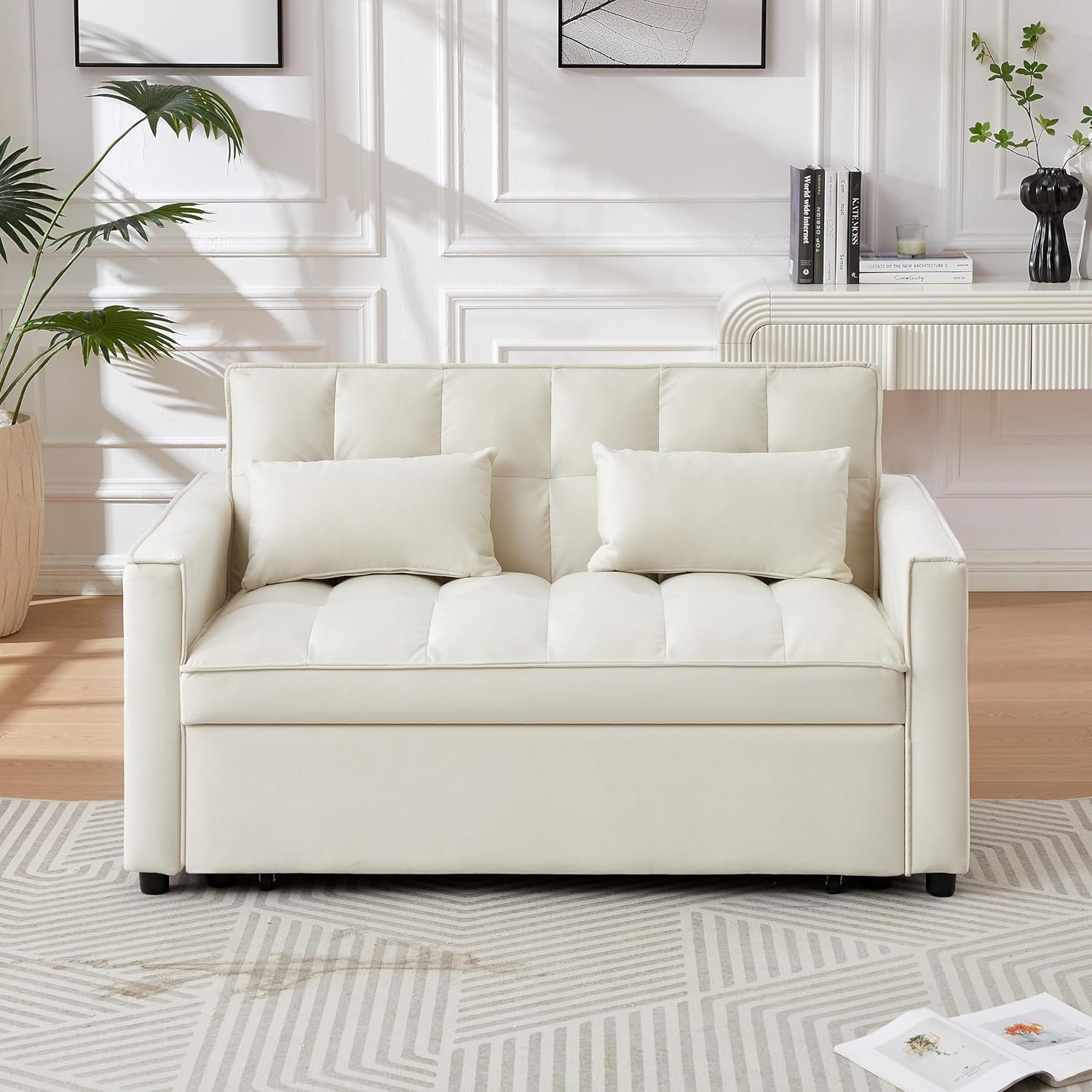 Ivory Velvet 2 Seater Convertible Loveseat Sleeper Sofa with Pull-Out Bed C4009