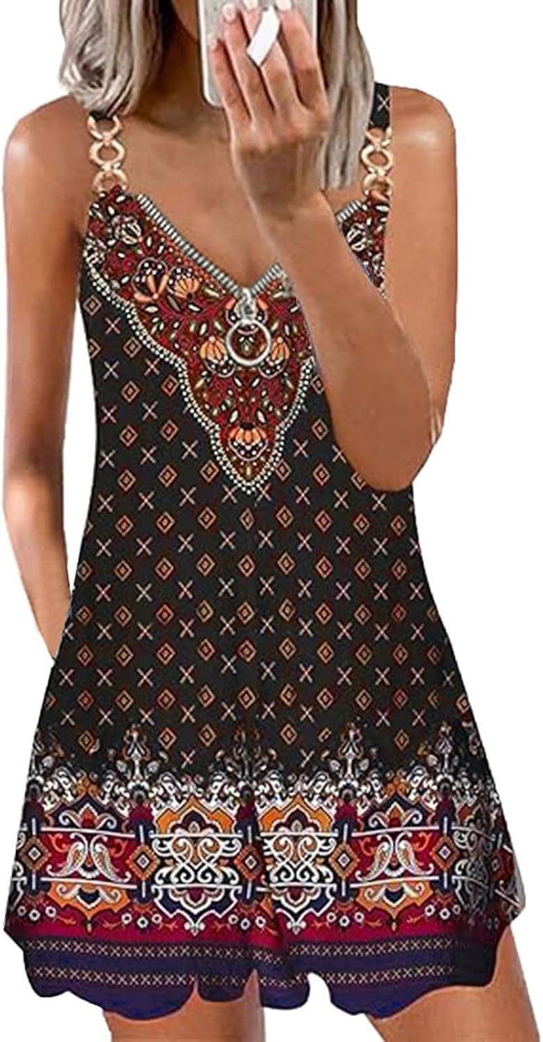 Boho Floral Print V Neck Sleeveless Spaghetti Strap Sundresses with Pockets R157