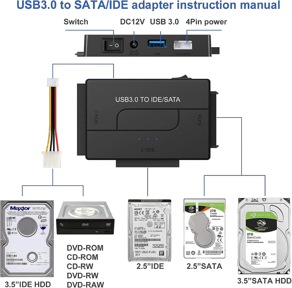 SATA IDE to USB 3.0 Adapter for 2.5 3.5-Inch HDD SSD with 12V 2A Power Supply Pack of 2 D218874
