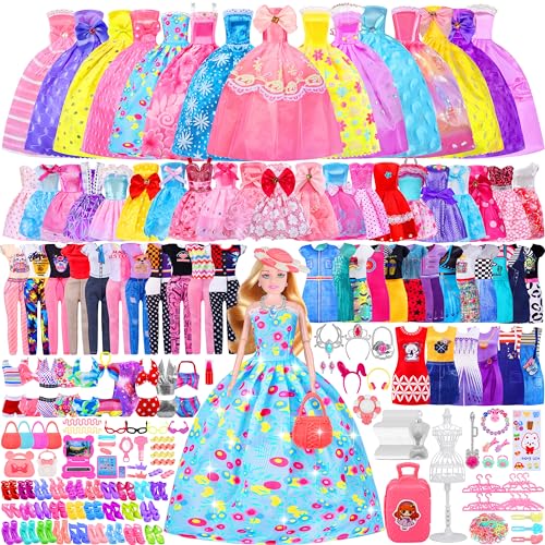342 Pcs Doll Clothes and Accessories with Doll, Princess Gowns, Fashion Dresses, Top, Pants, Swimsuits, Shoes, Hangers and Other Accessories, Doll Playset Dress up Toy B7791