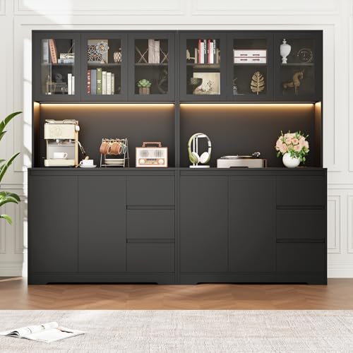 Black 71" Kitchen Pantry Cabinet with LED Lights and Charging Station Z286